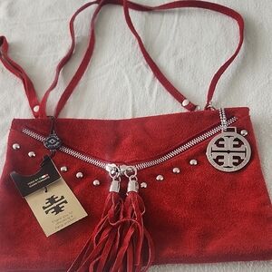 Fergie Red Suede Crossbody Bag with Tassel and Stud Detail